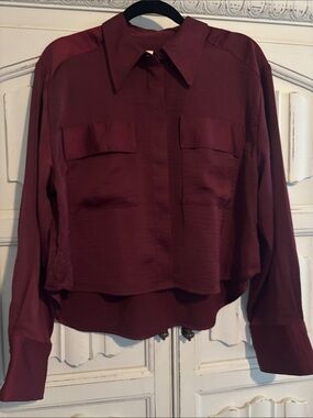 Women's Burgundy Satin Button-Front Long-Sleeve Top